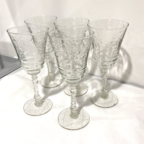 Libbey Rock Sharpe ARCTIC ROSE Goblets Water Glasses Set of 5 Clear etch crystal - Picture 10 of 12